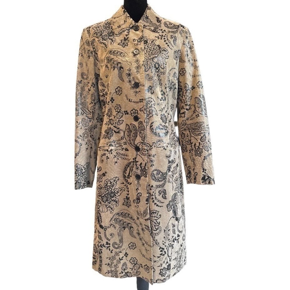 Vintage Steampunk Leather Trench Coat Tan Black Floral Paisley Lace Print 10